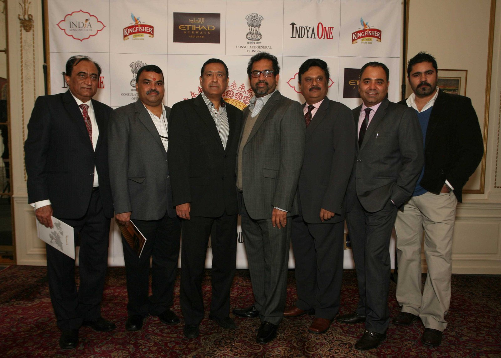 The core group of New York restaurateurs supporting India Festive Food Week, from left: Mohan Ahluwalia of Bombay Palace, Hemant Mathur of Tulsi, Rajesh Bhardwaj of Junoon, Satarajan of Chola, Nitin Vyas of Madras Mahal, Kamal Arora of Hospitality Group and Ravi Pillai of Bombay Duck Company at the announcement at the Indian Consulate. (Photo: Gunjesh Desai, Masala Junction).